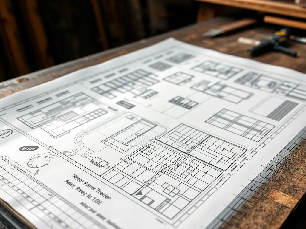 A wide shot of an A1-sized plumbing plan being used on a rainy construction site. The plan is partially covered in water droplets, demonstrating its waterproof quality. The background shows various construction workers and equipment.