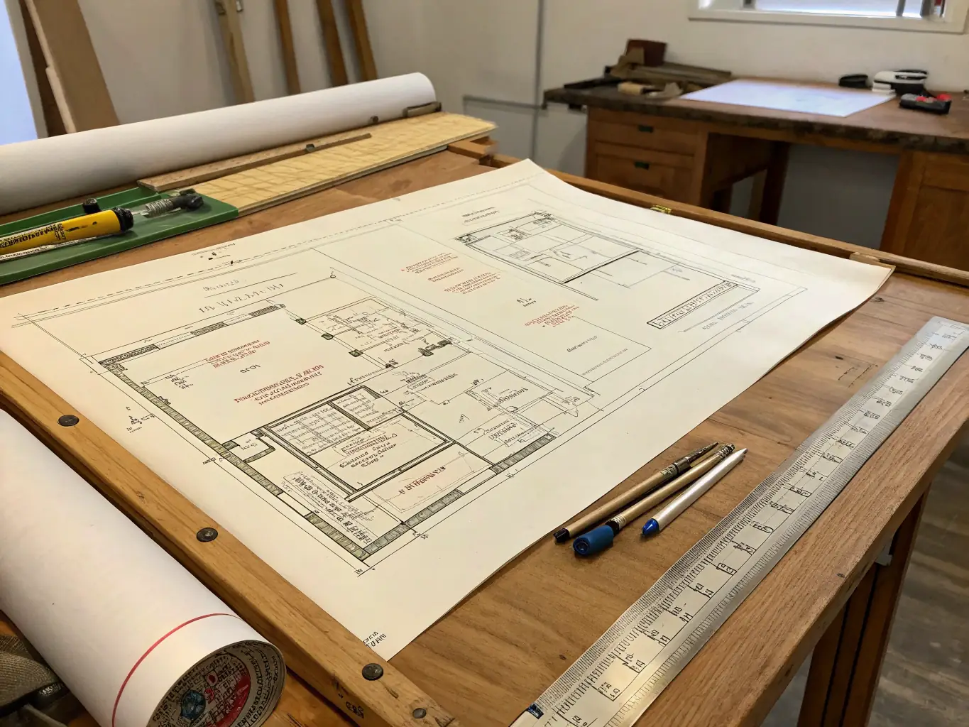 A close-up shot of a stack of A3-sized architectural plans, highlighting the crisp lines and waterproof quality of the print. The background is a blurred construction site, providing context for the print's use.
