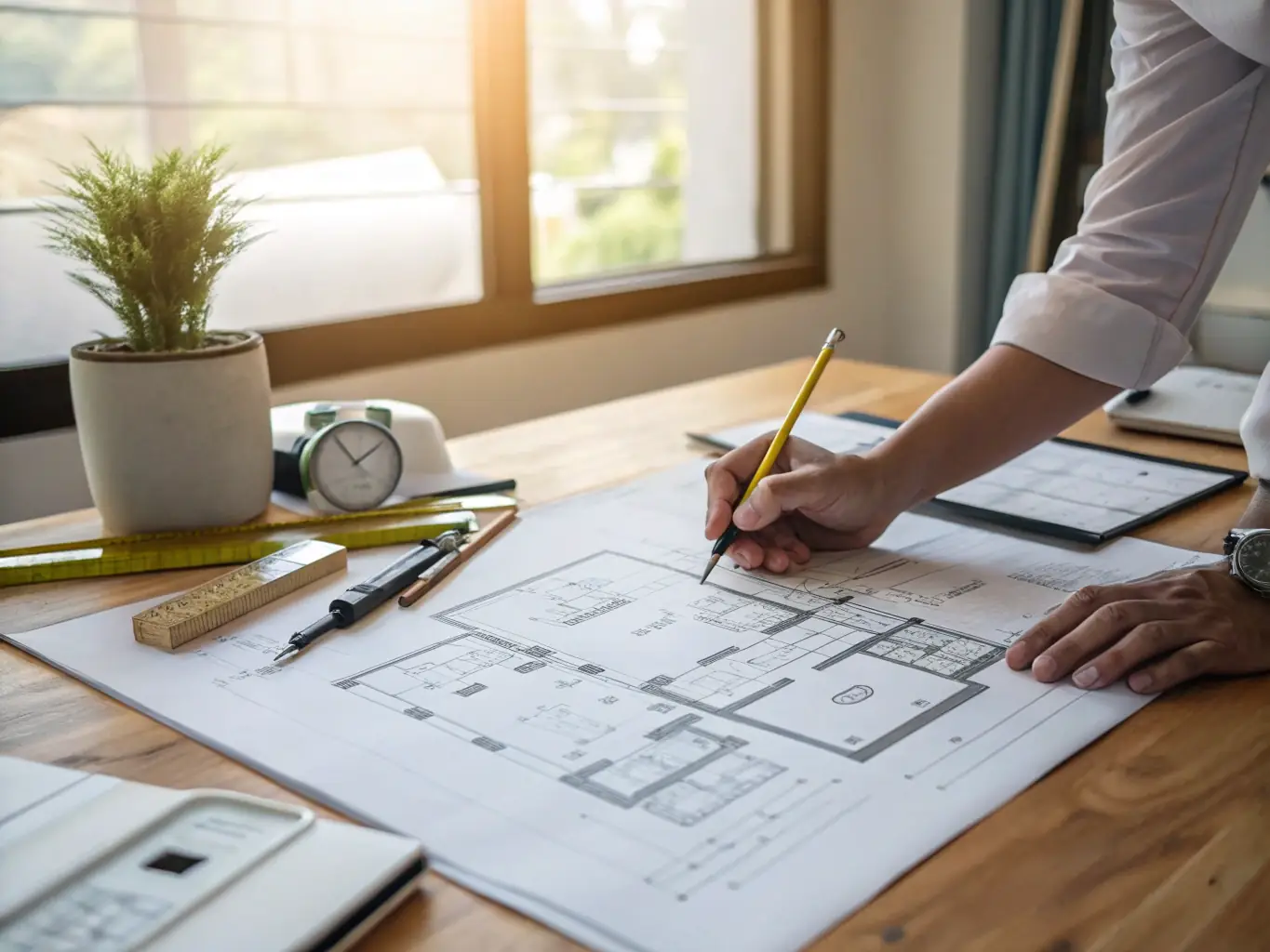 A medium shot of an A2-sized electrical plan being reviewed on a construction site. The plan is unfolded and laid on a table, with a contractor pointing at a specific detail. The focus is on the plan's readability and waterproof nature.